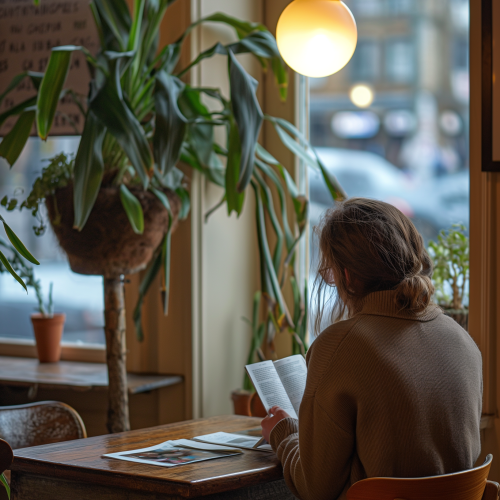 Tranquil Reading Moment in a Cozy Cafe